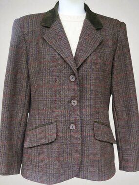 Vintage Wool Plaid Blazer Suede Trim Jacket Women 12 Made in Russia